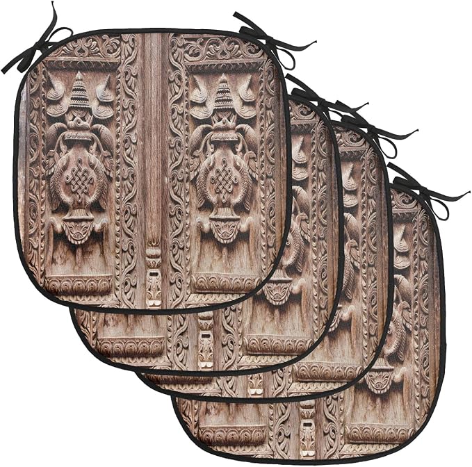 Lunarable Rustic Chair Cushion Pads Set of 4, Wooden Carved Door Image Detailed Kathmandu Cultural Facade Print, Anti-Slip Seat Padding for Kitchen & Patio, 16"x16", Brown