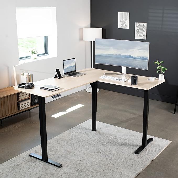 VIVO Corner Standing Desk, 63 x 55 inch Reversible L-Shaped Workstation, Electric Height Adjustment, Home, Office, and Reception Rooms, Light Wood Table Top Black Frame, DESK-E3CTBC