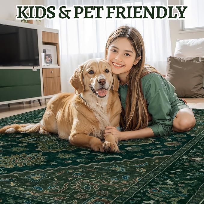 Tangsoo 3x5 Washable Rug Indoor Area Rugs, Vintage Non Slip Accent Rug Carpet, Oriental Soft Low Pile Rugs for Living Room Dorm Bedroom Bedside Entryway Bathroom Home Decor Dark Green