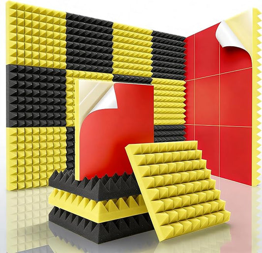 Sonicism Acoustic Panels Self-Adhesive Pyramid 12 Pack,12" X 12" X 2" Sound Proof Foam Panels for walls,35kg/m³High Density Soundproof Wall Panels Fast Expand,Sound Absorption&Decoration(Black/Yellow)