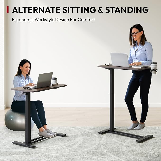 SANODESK 28''Mobile Standing Desk with Hidden Wheels,Pneumatic Laptop Desk | Computer Cart Movable Height Adjustable Table Small Sit Stand Desk for Home Office Hospital Use,27.6"W x 15.7"D,Black Walnut