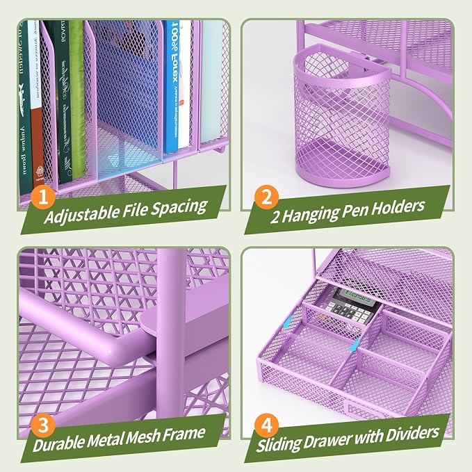 FANXIYQ Metal Desk Organizer with Sliding Drawer, 7-Section File Organizer for Desk, Desktop File Folder & Paper Organizer with 2 Hanging Pen Holders, Office Supplies Organizer, Purple