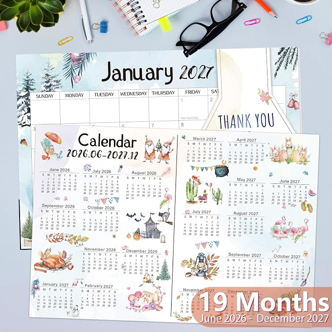 Guasslee Desk Calendar 2026-2027, School Year Calendar 2026, 19-Month Desk/Wall Calendar, 2026 Jun - 2027 Dec, 17" X 11.5" Monthly Planner With Corner Protectors, Thick Paper For Home Office