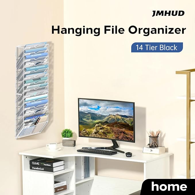 14 Tier Wall Hanging File Organizer, Paper Folder Holder Wall Mounted, Metal Mail Sorter for Office Home School, White