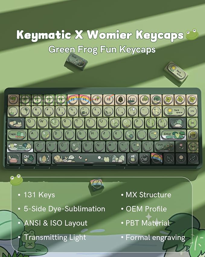 Keymatic Green Frog Keycap Set, PBT Custom Keycaps,131 Cute Keycaps for Mechanical Keyboard, MOA Profile for Mechanical Keyboard Compatible with ANSI/ISO,TKL, Full-Sized Layout(Only Key Cap)