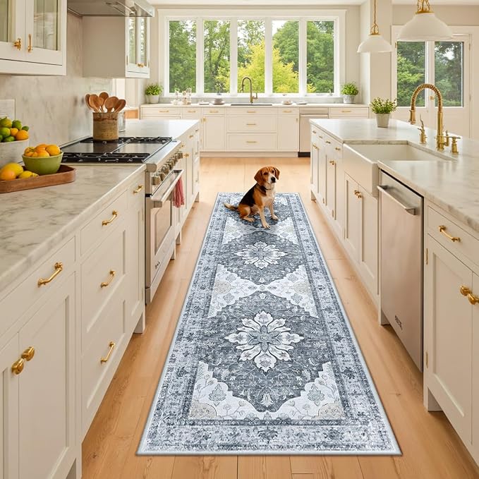 RELEANY Area Rugs Runner 2'6"x8' Washable Non-Slip, Floral Vintage Distress Medallion Carpet for Kitchen Hallway Bedroom Beside Laundry Room Bathroom, Light Gray Grey White
