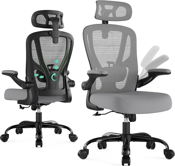 Office Chair Ergonomic Desk Chair - Mesh High Back Office Chair with Headrests Wheels Lumbar Support Home Desk Office Chairs Flip up Armrest Executive Rolling Computer Chair Black Gray