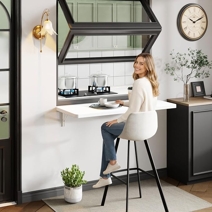Dogsky Floating Wall Desk, 36" x 14" Wall Mounted Folding Table, Pine Wood Fold Down Wall Table, 200 lb Capacity Wall Mount Desk for Small Apartment, Laundry Room,Kitchen,Bar & Computer Use, White