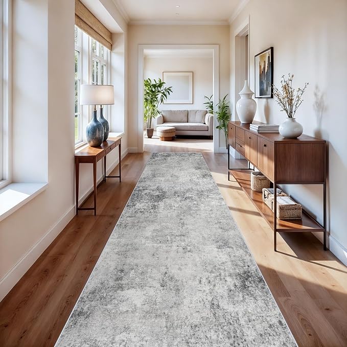 Washable 3x16 Hallway Runner Rug - Runner Rugs Modern Stain Resistant Indoor Mat Rug Runner for Laundry, Bedroom Non Slip Rubber Backing Thin Hallway Runner Rug Low Pile Carpet 3x16 Grey