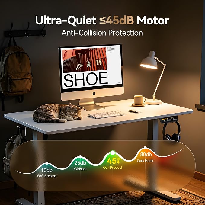 40 x 24 Inch Height Adjustable Standing Desk, 3 Presets, White | 40 x 24 in Desktop, 28.3–46.5 in Height, 2+3 Controls, ≤45 dB, 154 lb Capacity, 2 Hooks