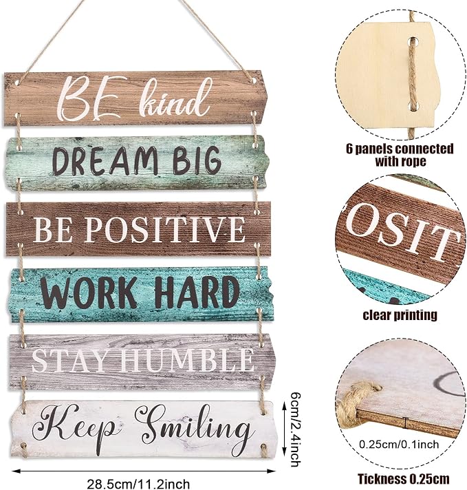 Blulu 6 Pcs Rustic Wall Hanging Plaque Sign Back to School Inspirational Wall Art Farmhouse Wooden Door Signs Positive Plaque with Quotes Motivational Quote Decor for Office Bedroom(Retro Style)