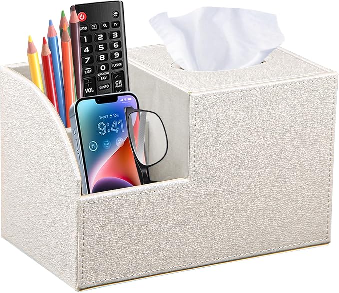 PU Leather Square Tissue Box Cover - Multi-Functional Tissue Box Holder | Tissue Box Cover with Storage,Tissue and Remote Control Holder/Caddy,Cube Tissue Box Organizer Bedroom Nightstand End Table