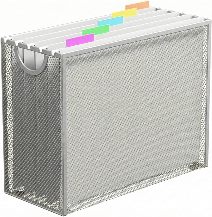 Hanging File Organizer, Letter-Size File Holder Filing Box with 5 Hanging Folders, Metal Mesh Desk File Folder Storage(No Assembly Required) (Silver, with 5 Grey Folders)