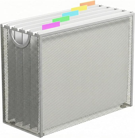 Hanging File Organizer, Letter-Size File Holder Filing Box with 5 Hanging Folders, Metal Mesh Desk File Folder Storage(No Assembly Required) (Silver, with 5 Grey Folders)