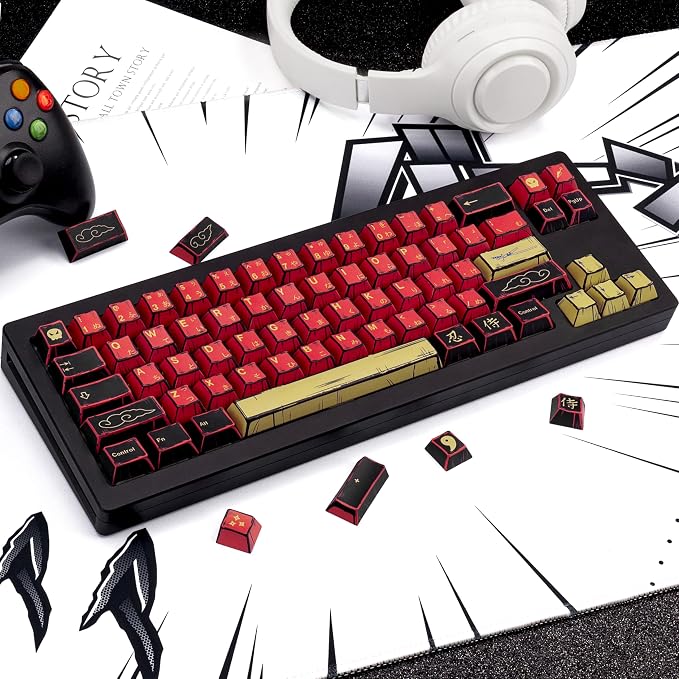 Retro Red Black Anime PBT Keycaps Cherry Profile Key caps, Manga Japanese Theme Keycaps, 5 Side Dye Sublimation 130 Keys Set for Cherry Gateron MX Switches Keyboards (Red Samurai)