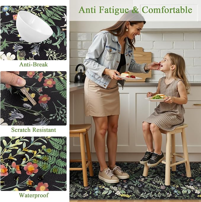 SHACOS Botanical Kitchen Rugs Set of 2, 17x27.5+17x47 inch | Black Green Anti Fatigue Mats for Kitchen Floor, Greenery Plants Ergonomic Cushioned Mats Leaf Floral Farmhouse