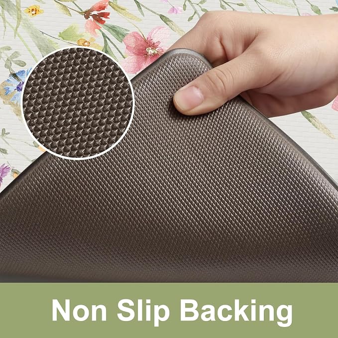 KIMODE Anti Fatigue Kitchen Mat 17.3"x29", Boho Floral Kitchen Floor Mats Non Slip, Waterproof Kitchen Mat for Floor, Padded Comfort Standing Mat for Laundry, Office, Sink, Desk White