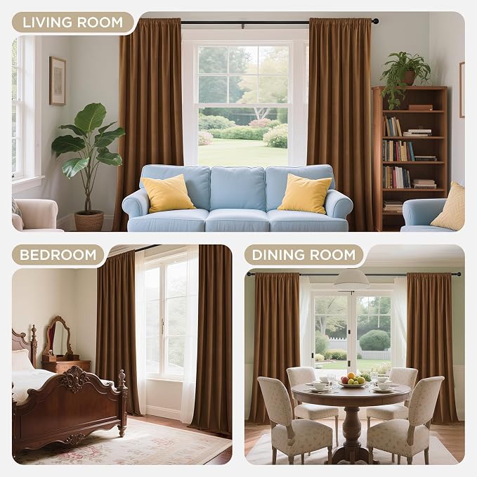 Joydeco Golden Brown 100% Blackout Curtains 102 Inch 2 Panels, Luxury Thermal Brown Velvet Curtains for Bedroom Living Room, Soundproof Blackout Window Drapes, Rod Pocket & Back Tab (52W x 102L)