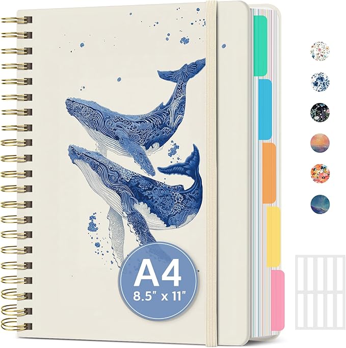 Large Spiral Lined Notebooks for Work with Removable Dividers & Tabs, 8.5"x11" Pretty Hardcover 5 Subject Notebook Journal for Women, College Ruled, Perfect for Study & Office Organization, 280 Pages,Ocean Whales