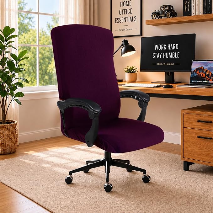 DIVA EN CAMINO DEC Computer Office Chair Cover Stretch Spandex Fabric Rotating Chair Slipcovers Removable Chair Seat Covers Furniture Protector Covers (Plum)