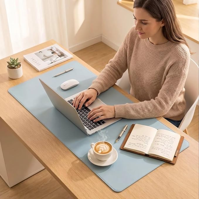 Leather Desk Mat - Dual-Sided Table Pad for Office and Home - Workspace Organization and Accessories - Ideal for Large Mouse Mat and Desktop Covers on Top of Tables(Light Blue,26inx 39in)