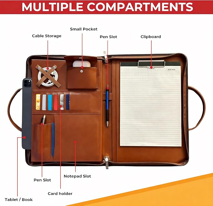 FUNTACY Leather Portfolio with Handles – Professional Business PU Leather Padfolio Organizer, Zippered Portfolio Binder for Documents, Resume, Notebook – Slim Leather File Folder for Men & Women