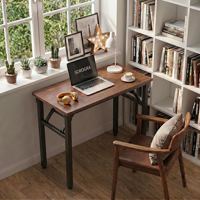 Foldable Desk Folding Table - 35.8" Folding Desk for Small Spaces, No Assembly Stable Portable Computer Desk for Home Office Study, Foldable Table for Bedroom, Dark Walnut