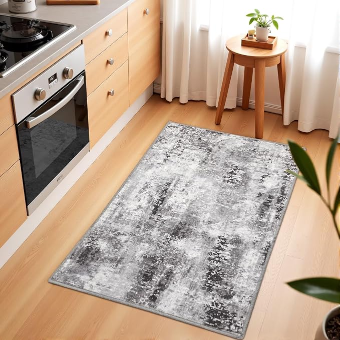 Macgace Washable Abstract Rug, 2x3 Small Modern Area Rugs with Non-Slip Rubber Backed for Kitchen, Thin but Soft Throw Carpet Bedroom Entryway Front Door Decor, Dark Grey