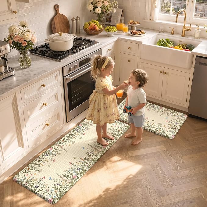 KIMODE Kitchen Mats Cushioned Anti Fatigue 17"x47"+17"x29", Farmhouse Kitchen Mats for Floor 2 Piece, Padded Kitchen Floor Mats Non Slip, Cream Wildflower Standing Mat for Laundry Bath Sink Office