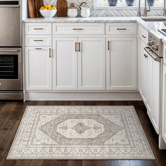 2x3 Washable Small Rug for Entryway: Indoor Vintage Oriental Area Rugs Stain Resistant Door Mat with Non Slip Backing Low Pile Thin Carpet for Bathroom (2x3 Brown/Beige)