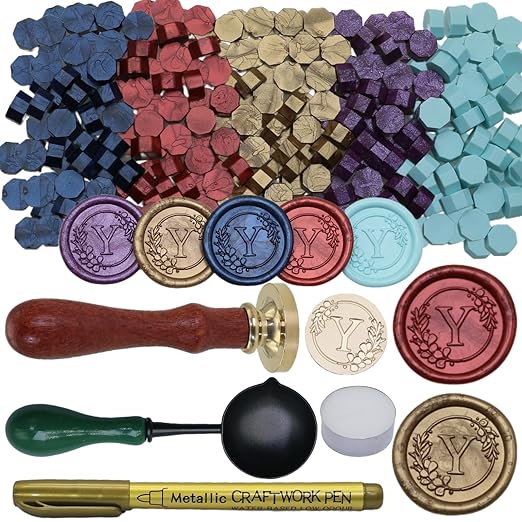 Initial Alphabet Y Wax Seal Stamp Set, Retro Letter Sealing Stamp with 150Pcs Sealing Wax Beads in 5 Color, Melt Spoon Pen Kit for Wedding and Christmas (Y)