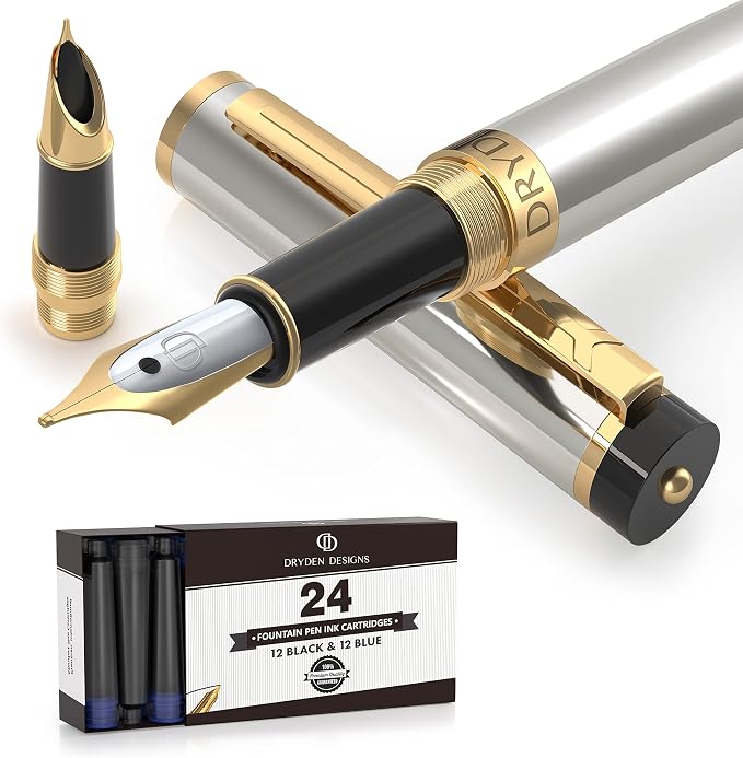 Dryden Designs Fountain Pen - Medium and Fine Nibs - Metallic Silver - Includes 24 Ink Cartridges - 12 Black and 12 Blue.