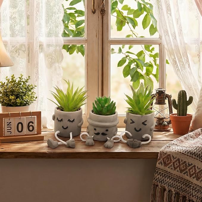 Small Fake Plants Faux Succulents in Grey Pots with Hanging Leg Potted Mini Fake Plants for Office Desk Decor Cute Artificial Succulent Plants for Home Office Desk Decor and Gift Choice - Set of 3