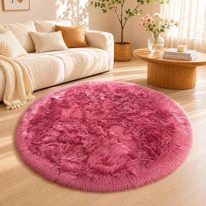 EasyJoy Faux Sheepskin Rug, Fluffy Faux Fur Rug, Ultra Soft Shag Area Rug with Non-Slip Backing for Bedroom, Living Room, Nursery, Kids Room(4 x 4 ft Round, BlushPink)