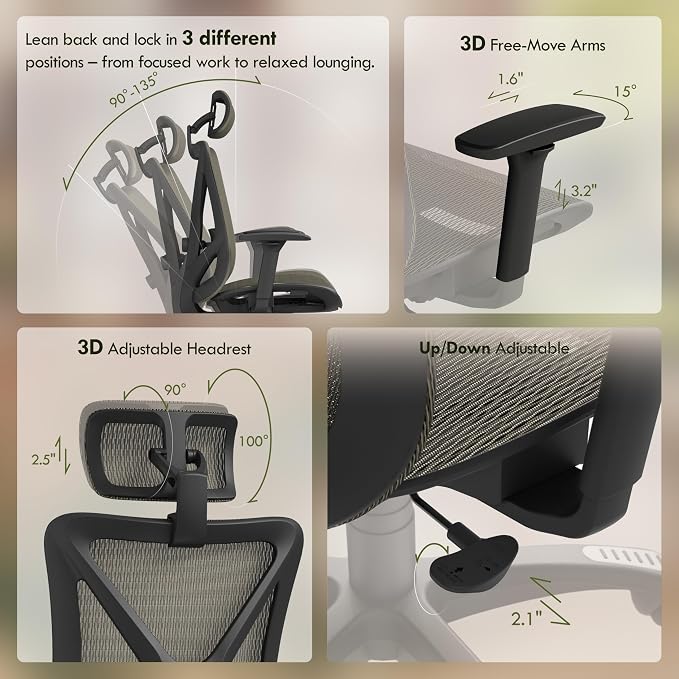 ELABEST T23 Ergonomic Mesh Office Chair, High Back Computer Desk Chair, Breathable AirMesh with Dual-Move Lumbar Support, 3D Armrests & Headrest, Tilt Lock, Big and Tall for Home Office (Mocha)