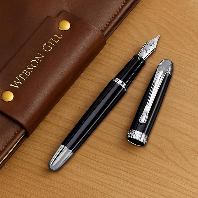 'The Boss' Black Luxury Executive Fountain Pen, Polished Lacquer, Chrome Accents, Stainless Steel Nib, Easy Refill Ink Piston Converter, Smudge Free, No Bleed, Fits Our Instant Insert Ink Cartridges