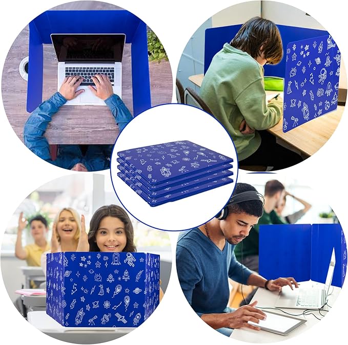 25-Pack Desk Dividers for Students, 3-Fold Privacy Screens, Durable Waterproof Plastic Study Boards, Easy Clean Classroom Shields for Schools,Teacher Supplies & Student Desk Organizers, Blue