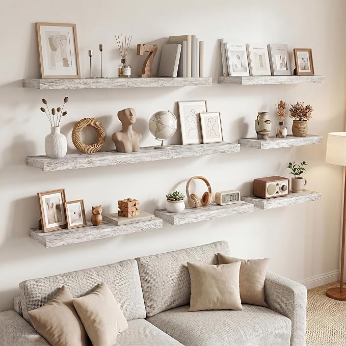 16in Floating Shelves for Wall, 16"W x 9.25"D x 1.25"H, 2 Pack Long Wall Mounted Engineered Wood Shelves with Invisible Brackets for Living Room, Bedroom, Bathroom, Kitchen, Vintage White