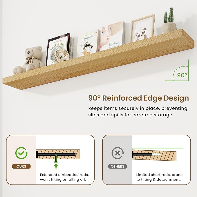 72in Floating Shelves for Wall, 72"W x 9.25"D x 1.5"H, Long Wall Mounted Engineered Wood Shelves with Invisible Brackets for Living Room, Bedroom, Bathroom, Kitchen Decor and Storage, Oak