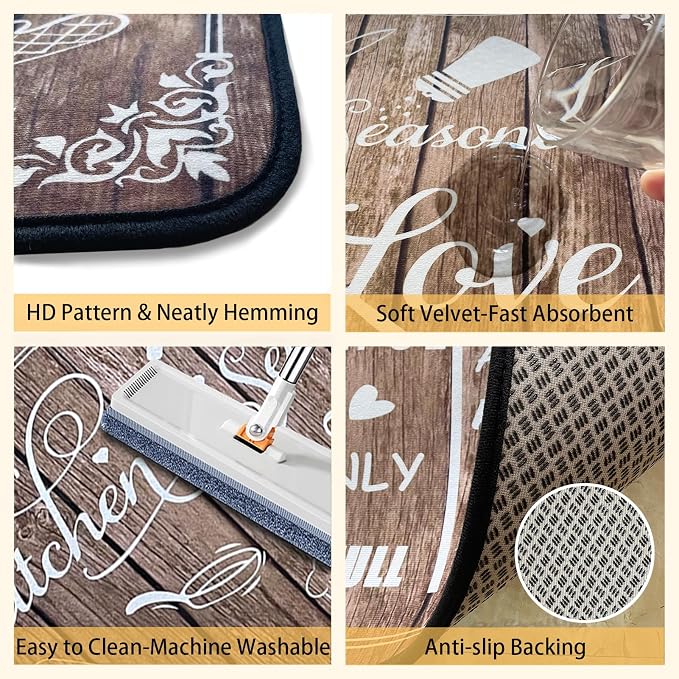 Voanos Brown Kitchen Rugs,Non Skid Washable Microfiber mats for Kitchen Floor, Kitchen Rules Theme Cushioned Runner Rug Decor Sets of 2 Pieces,17"x 47"+17"x 30"