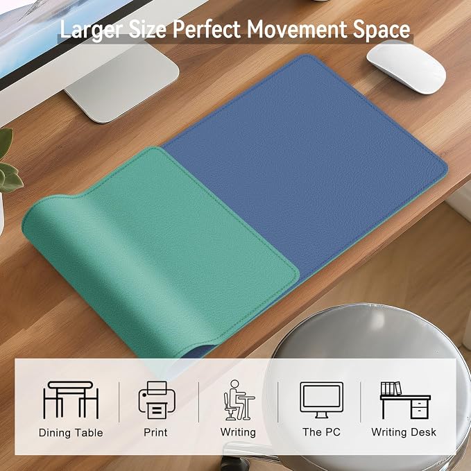Dual Sided Leather Desk Mat - Waterproof Desk Pad - Ideal for Large Mouse Pad and Desk Mats on Top of Desks (Blue, 25"*13")