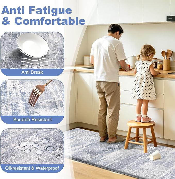 LOKHOM Anti Fatigue Kitchen Mats for Floor, 24x59 Non Slip Modern Cushioned Standing Comfort Kitchen Runner Rug, Waterproof Abstract Memory Foam Padded for Sink Laundry Office, Blue Grey