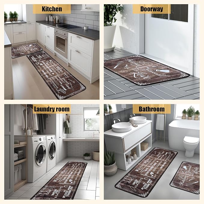 Voanos Brown Kitchen Rugs,Non Skid Washable Microfiber mats for Kitchen Floor, Kitchen Rules Theme Cushioned Runner Rug Decor Sets of 2 Pieces,17"x 47"+17"x 30"