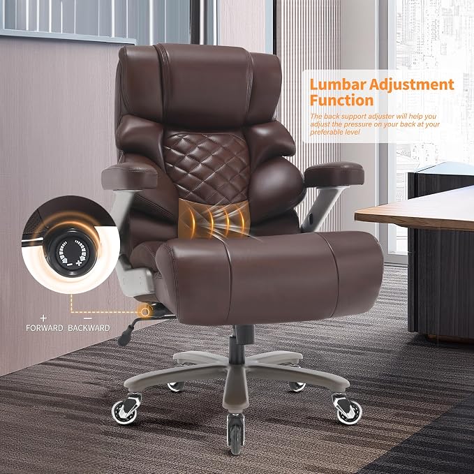 VUZI 700lbs Big and Tall Office Chair, Large Executive Leather Desk Chair | Adjustable Lumbar Support for Back Pain, Plus Size Wheels, 3D Flip Arms, Heavy Duty Metal Base, Wide Seat Computer Chair