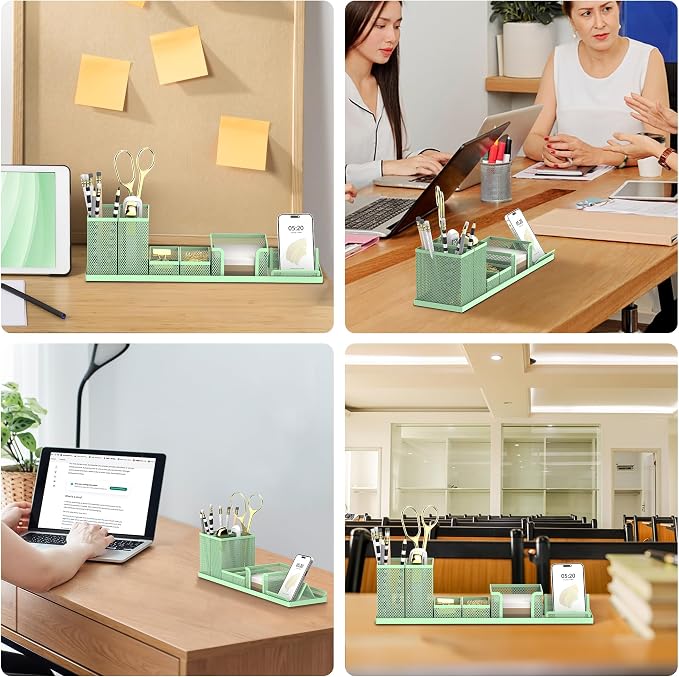 Pen Holder for Desk, 6-Piece Mesh Desk Organizer with Phone Holder, Green | 6-Piece Black Mesh Desk Set Includes Pen Cups, a Sticky Note Caddy and Phone Holder for Office, School, Home