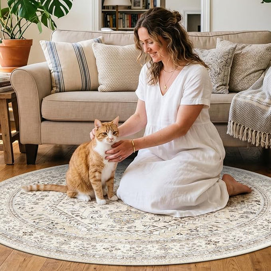 Puino 5FT Round Area Rug: Washable Oriental Circle Rugs Low Pile Soft Carpet with Non Slip Backing for Living Room Vintage Indoor Rug for Bedroom Kitchen Nursery Dining Room Home Office Beige/Gray