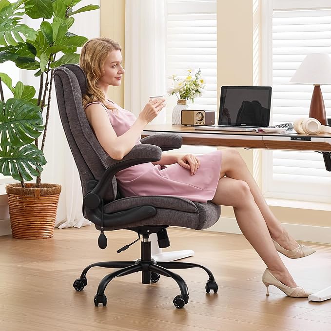 CIOMAN 500lbs Big and Tall Office Chair with Inflatable Lumbar Support, Rubber Wheels Executive Chair with Rocking Function, High Back Wide Cushion Ergonomic Desk Chair for All-Day Sitting,Grey