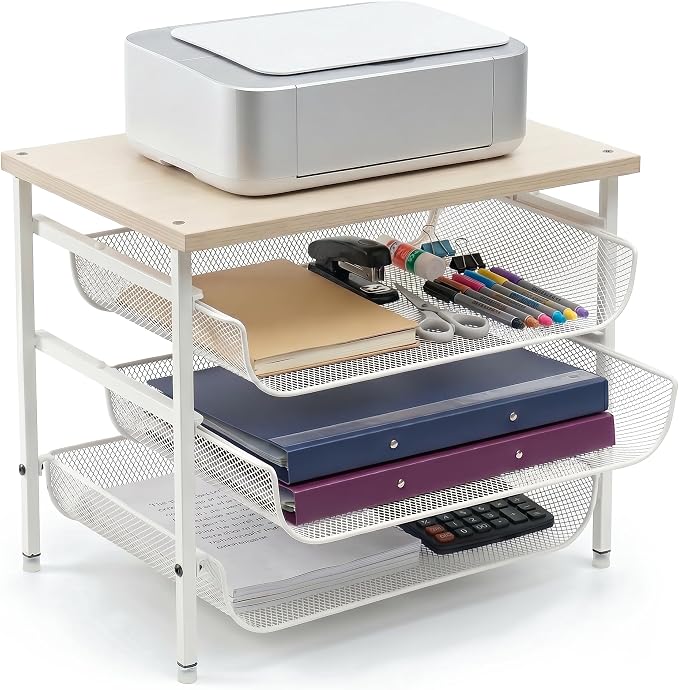 4-Tier Mesh Desk Organizer with Drawer Wooden Top Desktop Organizers File Holder Letter Tray Supplies Paper Organizer Home Office Accessories White