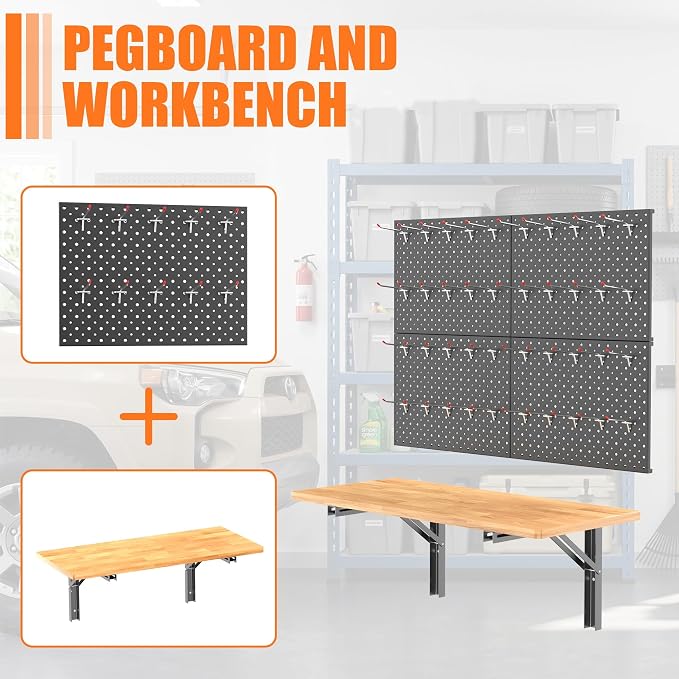 TORACK Heavy Duty Wall Mounted Folding Workbench with Pegboard Kit, Space-Saving Collapsible Wall Table/Desk for Garage Workshop, Holds Up to 150 lbs(Board Size: 31.5 x 15.75 in)