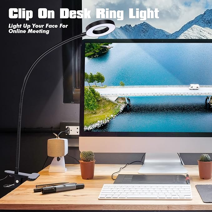 LED Desk Lamp with Clamp for Video Conference Lighting, USB Light for Laptop Zoom Meeting, Clip on LED Ring Light for Computer Webcam Lighting Dimmable Black
